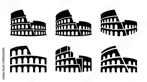 collection of colosseum, 6 filled black minimal icon vector set , white background , PNG and SVG isolate
