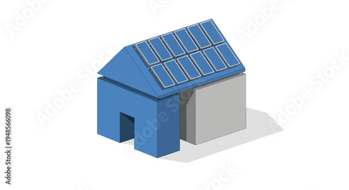 Isometric 3D Illustration of a Sustainable House with Solar Panels and Energy Storage Battery on White Background