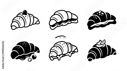collection of croissant, 6 filled black minimal icon vector set , white background , PNG and SVG isolate