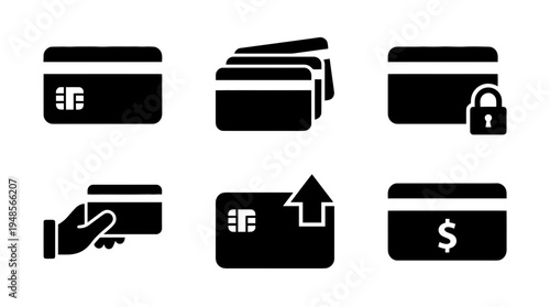 collection of credit card, 6 filled black minimal icon vector set , white background , PNG and SVG isolate