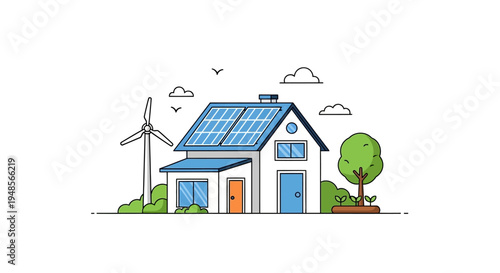 Eco-Friendly House with Solar Panels and Wind Turbine Vector Illustration for Sustainable Living Concepts