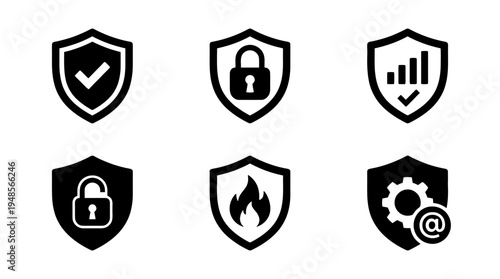 collection of cyber security shield, 6 filled black minimal icon vector set , white background , PNG and SVG isolate