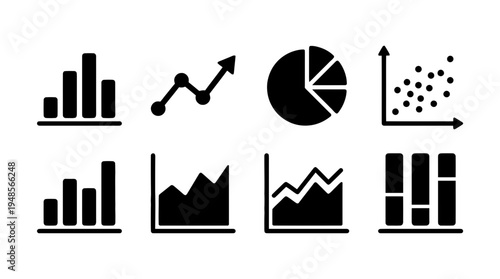 collection of data analytics graph, 6 filled black minimal icon vector set , white background , PNG and SVG isolate