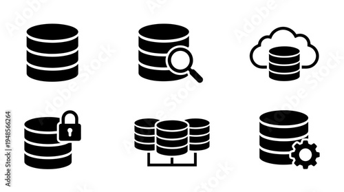 collection of database, 6 filled black minimal icon vector set , white background , PNG and SVG isolate
