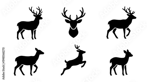 collection of deer, 6 filled black minimal icon vector set , white background , PNG and SVG isolate