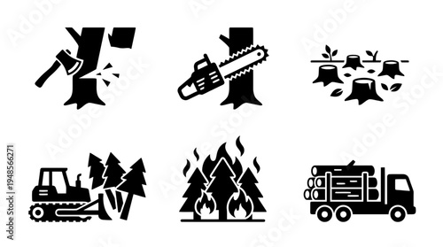 collection of deforestation, 6 filled black minimal icon vector set , white background , PNG and SVG isolate