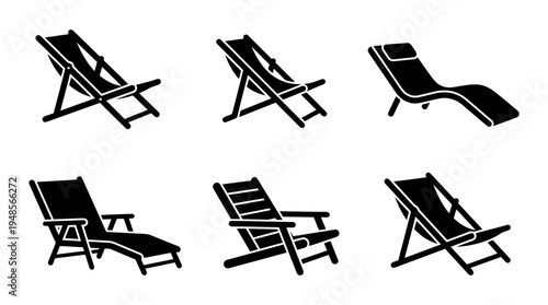 collection of deck chair, 6 filled black minimal icon vector set , white background , PNG and SVG isolate