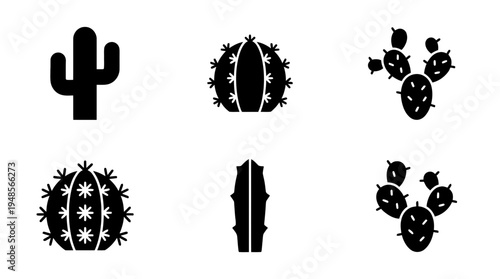 collection of desert cactus, 6 filled black minimal icon vector set , white background , PNG and SVG isolate