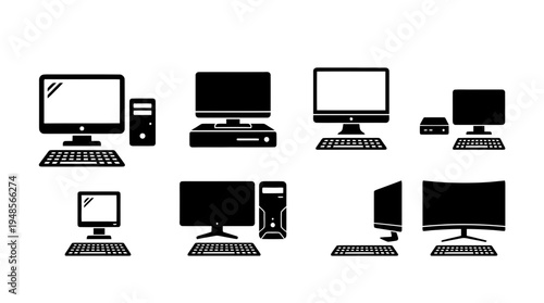 collection of desktop pc, 6 filled black minimal icon vector set , white background , PNG and SVG isolate