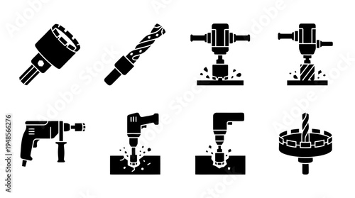 collection of diamond drill, 6 filled black minimal icon vector set , white background , PNG and SVG isolate