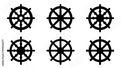 collection of dharma wheel, 6 filled black minimal icon vector set , white background , PNG and SVG isolate