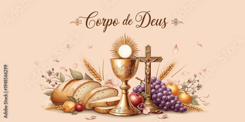 Corpus Christi religious illustration, Eucharist chalice design, bread grapes motif artwork, Christian liturgy symbol, sacred decorative motif, faith celebration artwork, flat vector drawing