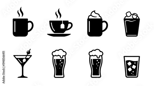 collection of drink menu, 6 filled black minimal icon vector set , white background , PNG and SVG isolate
