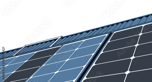 Solar Panel Installation on a House Roof, Modern Photovoltaic System for Renewable Green Energy, Minimalist Illustration Style