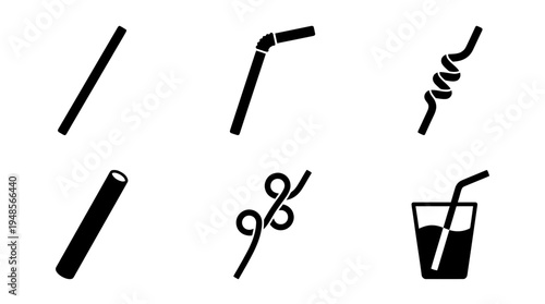collection of drinking straw, 6 filled black minimal icon vector set , white background , PNG and SVG isolate