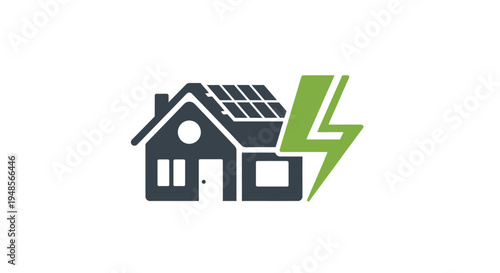 Solar Power House Icon with Green Lightning Bolt for Renewable Energy Concepts