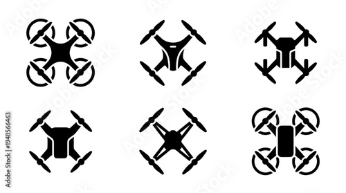 collection of drone quadcopter, 6 filled black minimal icon vector set , white background , PNG and SVG isolate