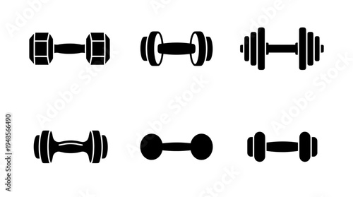 collection of dumbbell, 6 filled black minimal icon vector set , white background , PNG and SVG isolate