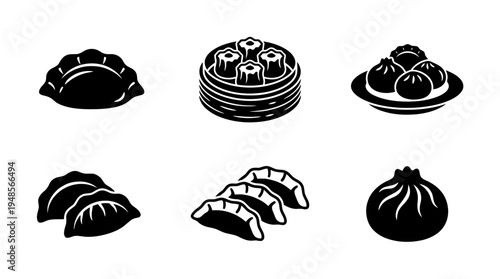 collection of dumpling, 6 filled black minimal icon vector set , white background , PNG and SVG isolate