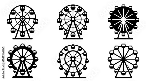 collection of ferris wheel, 6 filled black minimal icon vector set , white background , PNG and SVG isolate