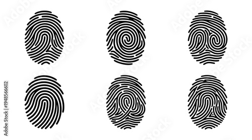 collection of fingerprint, 6 filled black minimal icon vector set , white background , PNG and SVG isolate
