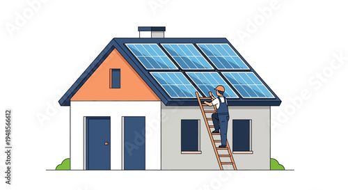 Solar Panel Installation on Residential House Roof with Technician, Renewable Green Energy and Sustainable Living Illustration