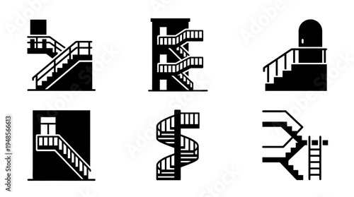 collection of fire escape, 6 filled black minimal icon vector set , white background , PNG and SVG isolate