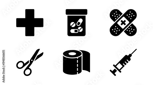 collection of first aid kit, 6 filled black minimal icon vector set , white background , PNG and SVG isolate