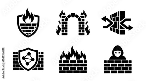 collection of firewall wall, 6 filled black minimal icon vector set , white background , PNG and SVG isolate