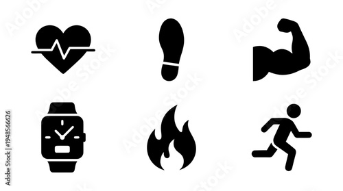 collection of fitness tracker, 6 filled black minimal icon vector set , white background , PNG and SVG isolate