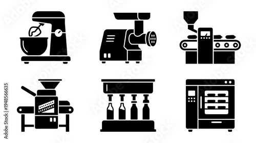 collection of food processing machine, 6 filled black minimal icon vector set , white background , PNG and SVG isolate