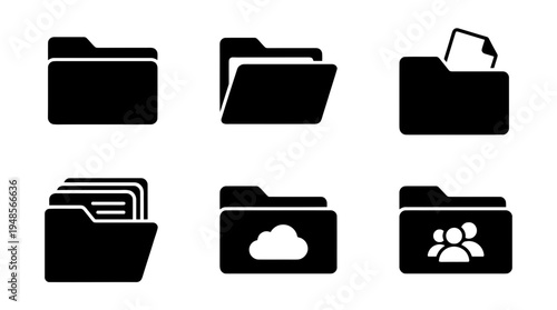 collection of folder, 6 filled black minimal icon vector set , white background , PNG and SVG isolate