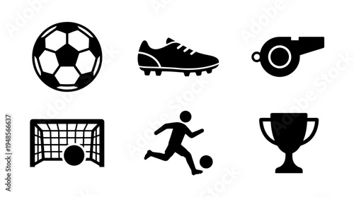 collection of football, 6 filled black minimal icon vector set , white background , PNG and SVG isolate