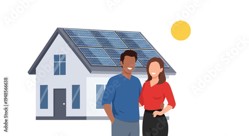 Happy Couple Standing in Front of Modern House with Solar Panels on Roof - Flat Vector Illustration of Sustainable Living and Renewable Green Energy for Homeowners