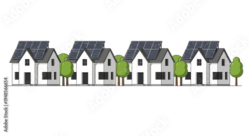 Row of Modern Suburban Houses with Solar Panels