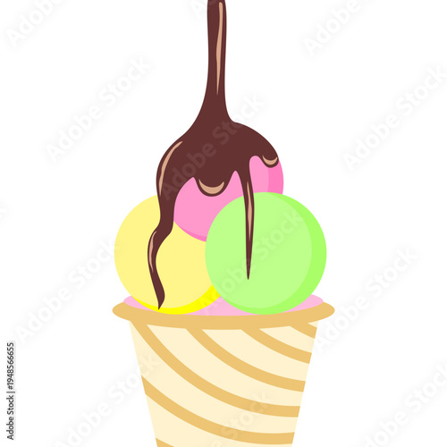 Colorful ice cream cone with three flavors and chocolate syrup on top
