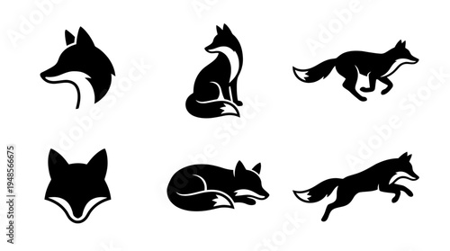 collection of fox, 6 filled black minimal icon vector set , white background , PNG and SVG isolate
