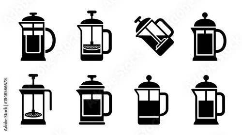 collection of french press, 6 filled black minimal icon vector set , white background , PNG and SVG isolate