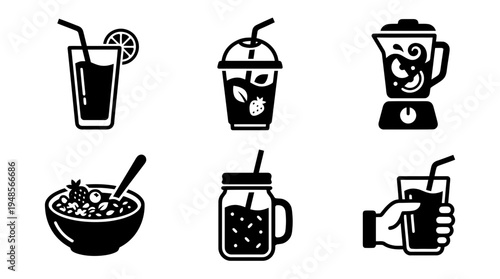 collection of fruit smoothie, 6 filled black minimal icon vector set , white background , PNG and SVG isolate