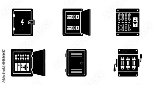 collection of fuse box, 6 filled black minimal icon vector set , white background , PNG and SVG isolate