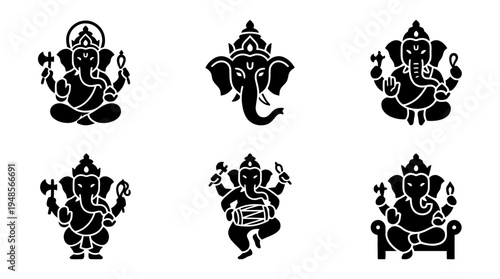 collection of ganesha, 6 filled black minimal icon vector set , white background , PNG and SVG isolate