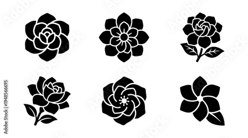 collection of gardenia, 6 filled black minimal icon vector set , white background , PNG and SVG isolate