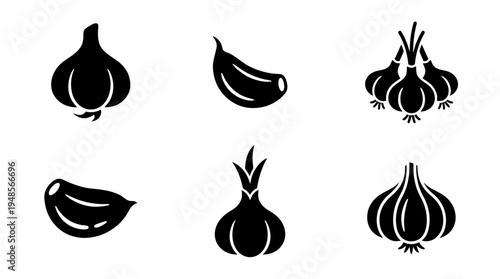 collection of garlic, 6 filled black minimal icon vector set , white background , PNG and SVG isolate