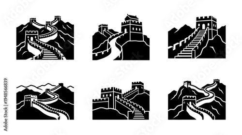 collection of great wall of china, 6 filled black minimal icon vector set , white background , PNG and SVG isolate