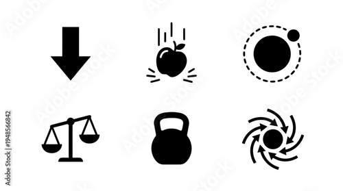 collection of gravity, 6 filled black minimal icon vector set , white background , PNG and SVG isolate