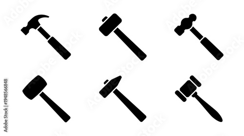 collection of hammer, 6 filled black minimal icon vector set , white background , PNG and SVG isolate