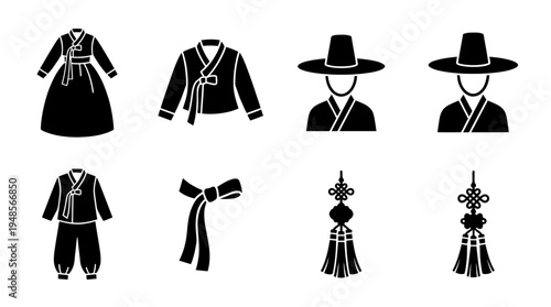 collection of hanbok, 6 filled black minimal icon vector set , white background , PNG and SVG isolate