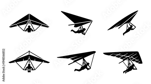 collection of hang glider, 6 filled black minimal icon vector set , white background , PNG and SVG isolate
