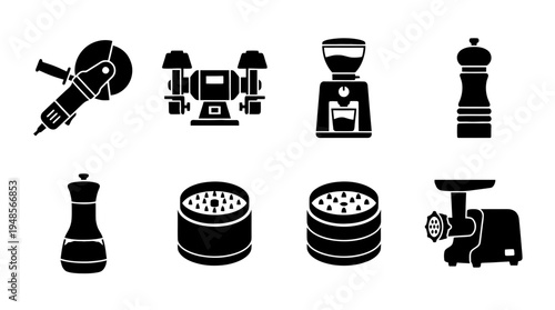 collection of grinder, 6 filled black minimal icon vector set , white background , PNG and SVG isolate