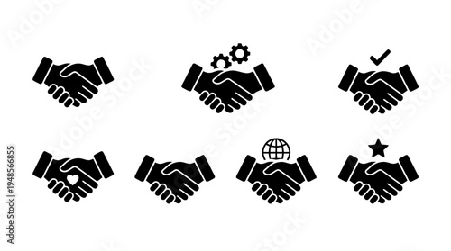 collection of handshake, 6 filled black minimal icon vector set , white background , PNG and SVG isolate